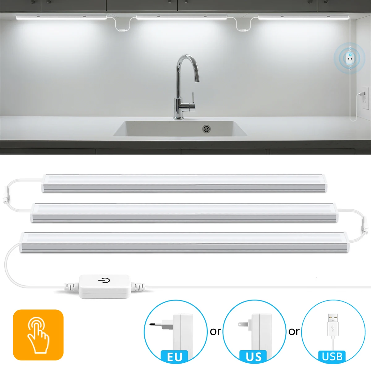 3PCS/lot 30cm LED Light for Room Kitchen Decor Lighting,Touch Dimmer Lamp Bar Tube with USB or EU or US Plug,White 5500K CRI80