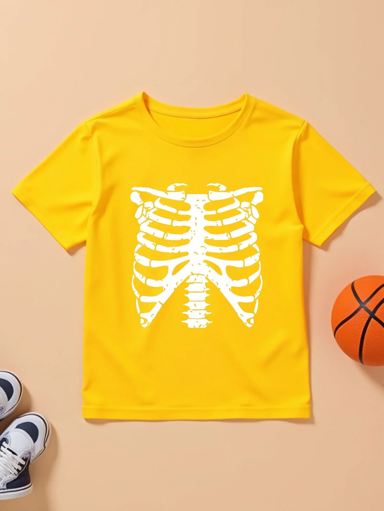 Classic Distressed Skeleton Rib Cage Torso Graphic Short Sleeve Spooky Skeleton Element Casual Outdoor Fashion T-Shirt For Kids