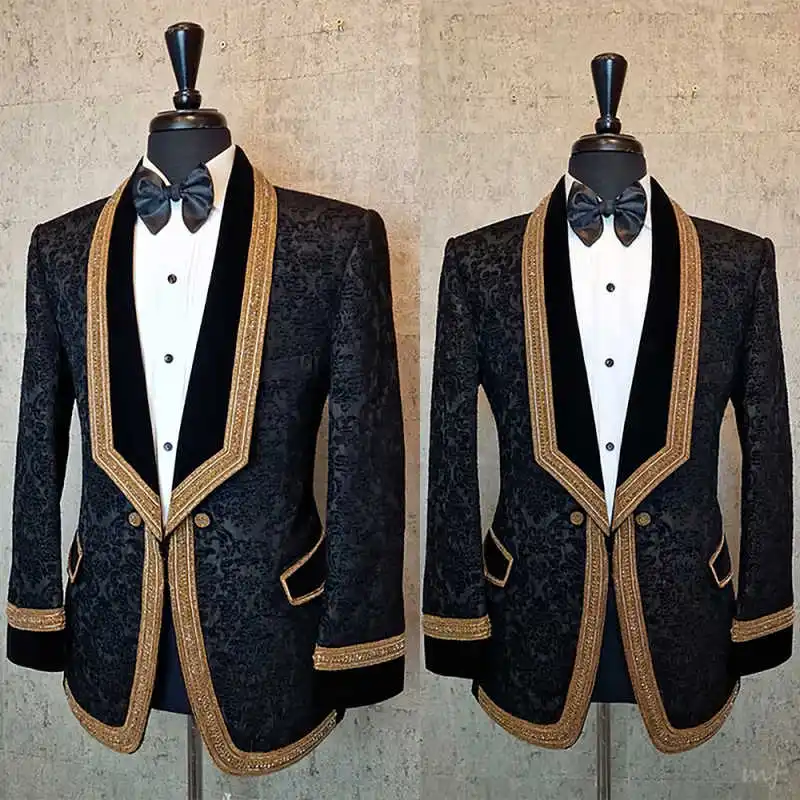 

Luxurious Jacquard Groom Wedding Tuxedos Shawl Lapel Beadeds One Piece Jacket Blazer Celebrity Party Customized