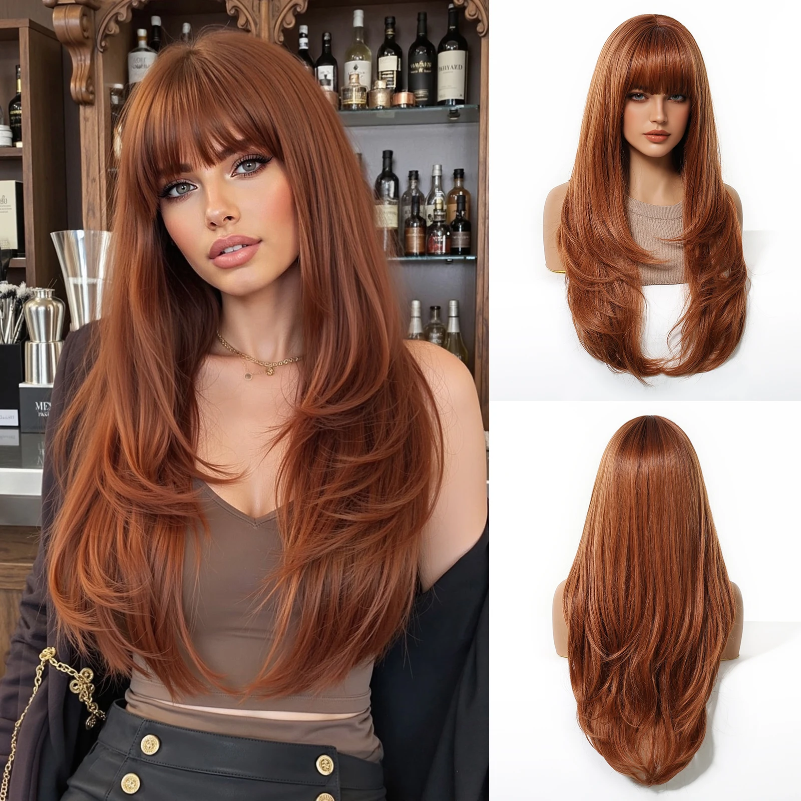 Allbell Magique Red Brown Gloss Natural Curl Degree Long Straight Synthetic Wig For Women With Bangs Fashion Cosplay Party