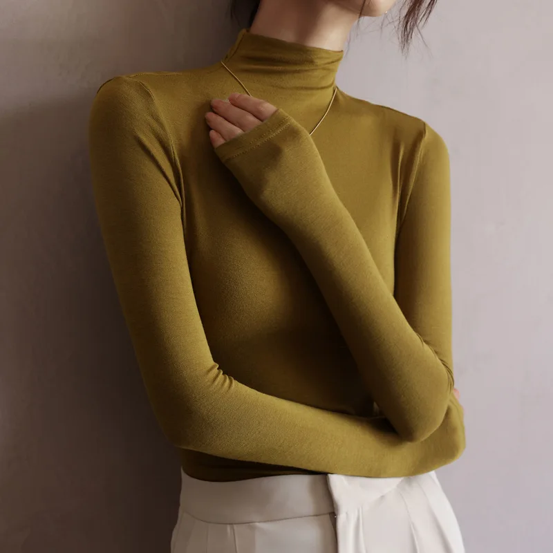 Modal Women's Long-sleeved T shirts Semi-turtleneck Primer Inner Women Tops Tees Woman Clothes Long T-shirt High Quality Tee