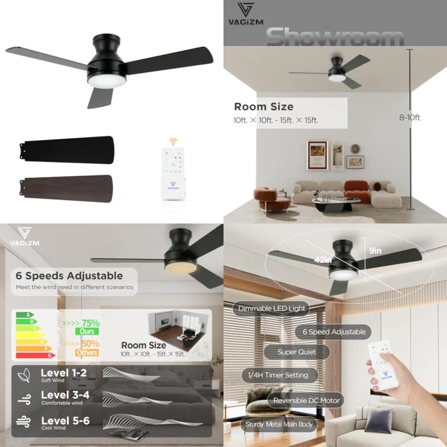 

42 Inch Flush Mount Ceiling Fan with Light, Quiet DC Motor, 3CCT Dimmable LED, Low Profile for Bedroom Home Office