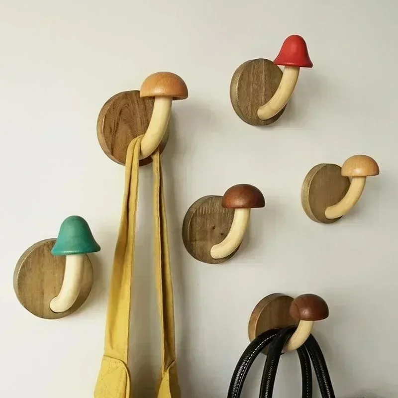 New Hanging Shelves Wooden Mushroom Clothes Hat Hook Bathroom Hanger Self-adhesive Wall Decoration Finishing Home Storage Hook