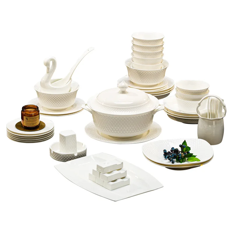 

Pure white underglaze colored bone Jingdezhen ceramic tableware dish set