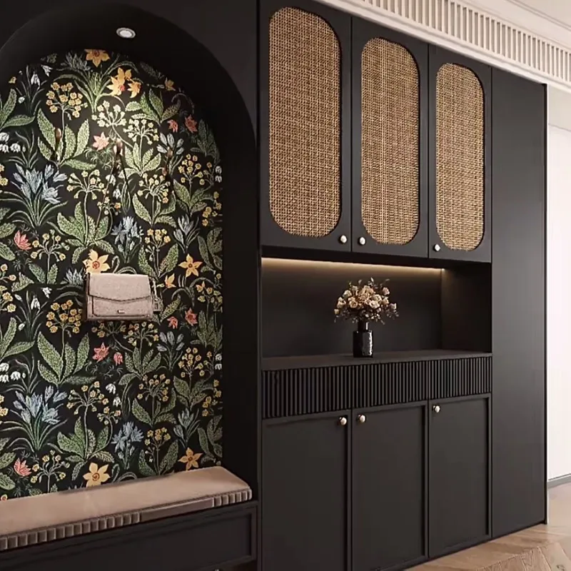 American pastoral wall covering living room bedroom entrance background wall retro black background green floral wallpaper