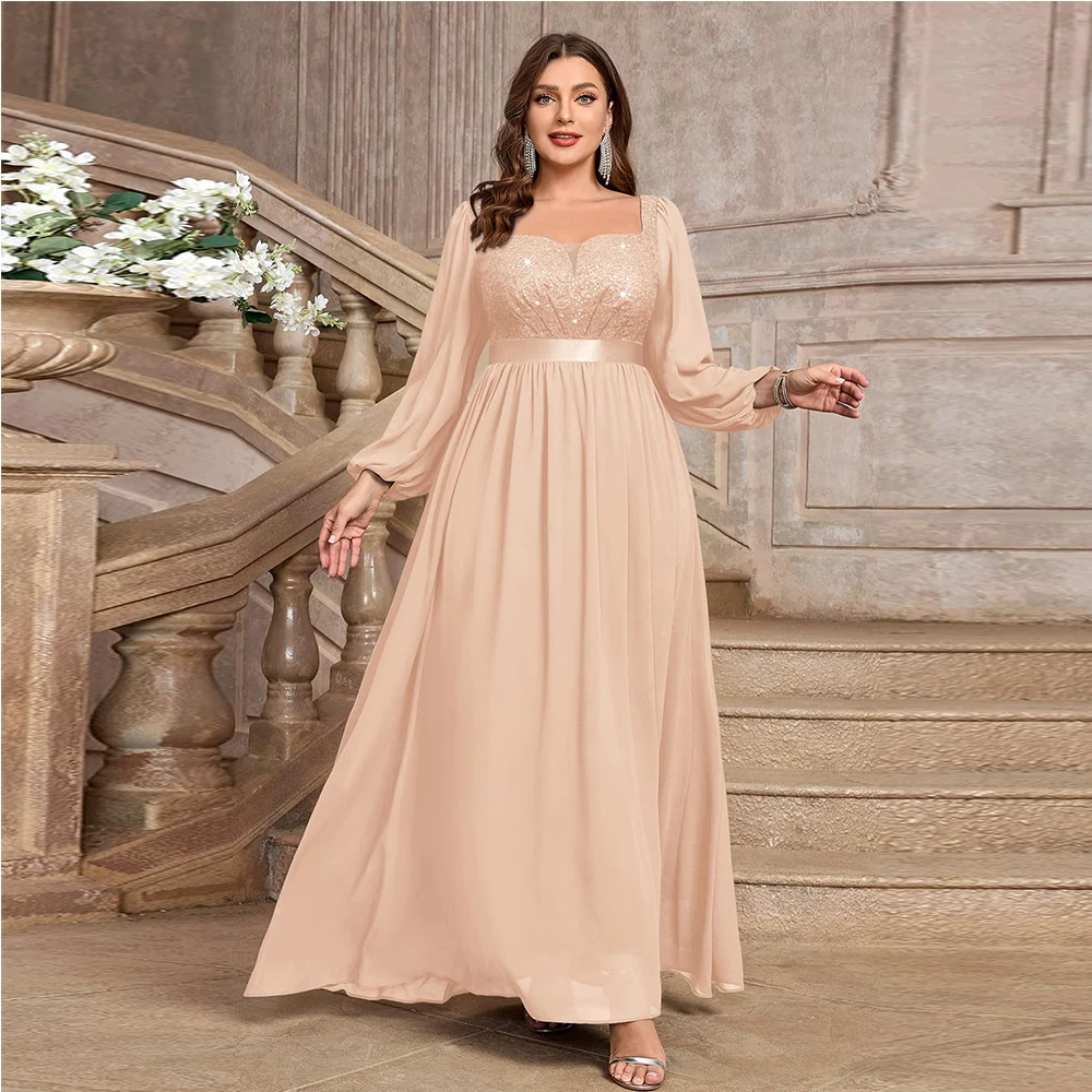 

Customized Mother of The Bride Dresses Women's Sequin Lace Square V Neck Sheer Long Sleeves Formal Evening Chiffon Long Dress