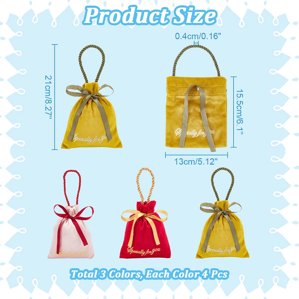 12Pcs Velvet Jewelry Pouches Drawstring Gift Bags Fabric Bags Party Faver Pouch with Gold Stamping Word and Rope Handle