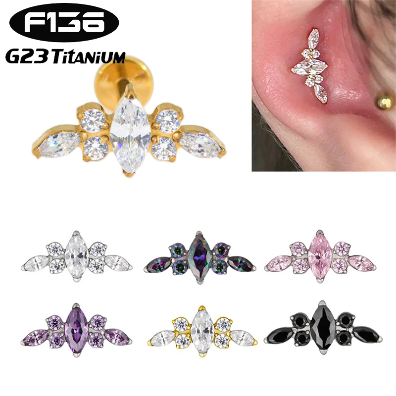 1PC G23 Titanium Piercing Labret Internal Thread Ear Studs Zircon Horse's Eye Flower Helix Cartilage Lip Stud Body Jewelry 16G