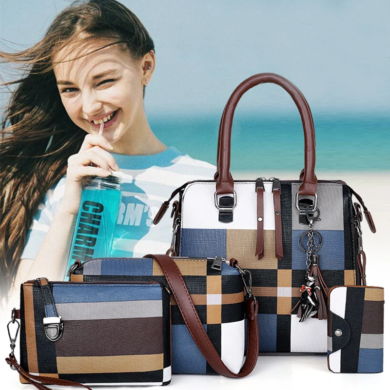 New Fashion Luxury Handbags New 4 PCS Set Women Plaid Colors Handbag Female Shoulder Bag Travel Shopping Ladies Crossbody Bag