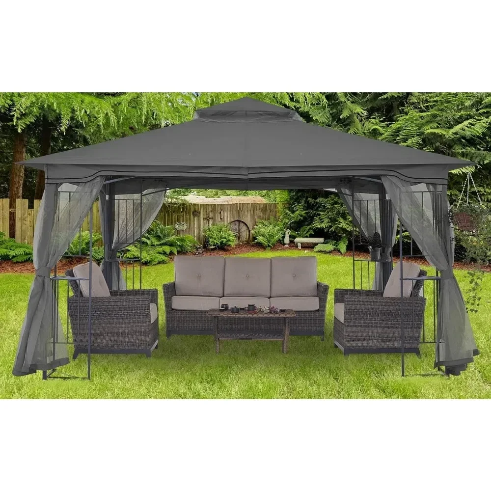 

Patio Outdoor Gazebo With Netting Screen Wall and Corner Shelf Design 11x13 Camping Tent Gray Roof Top Tent Canopy Sunshade Tent