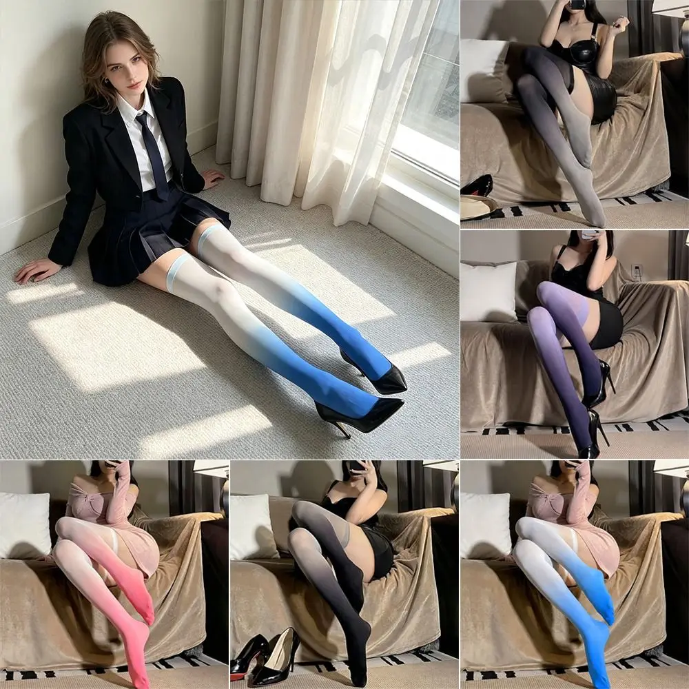 Polyester Fiber Gradient Thigh Socks Japanese Style Gradient Color Lolita Long Stockings Over Knee Length Stretchy Soft Fabric