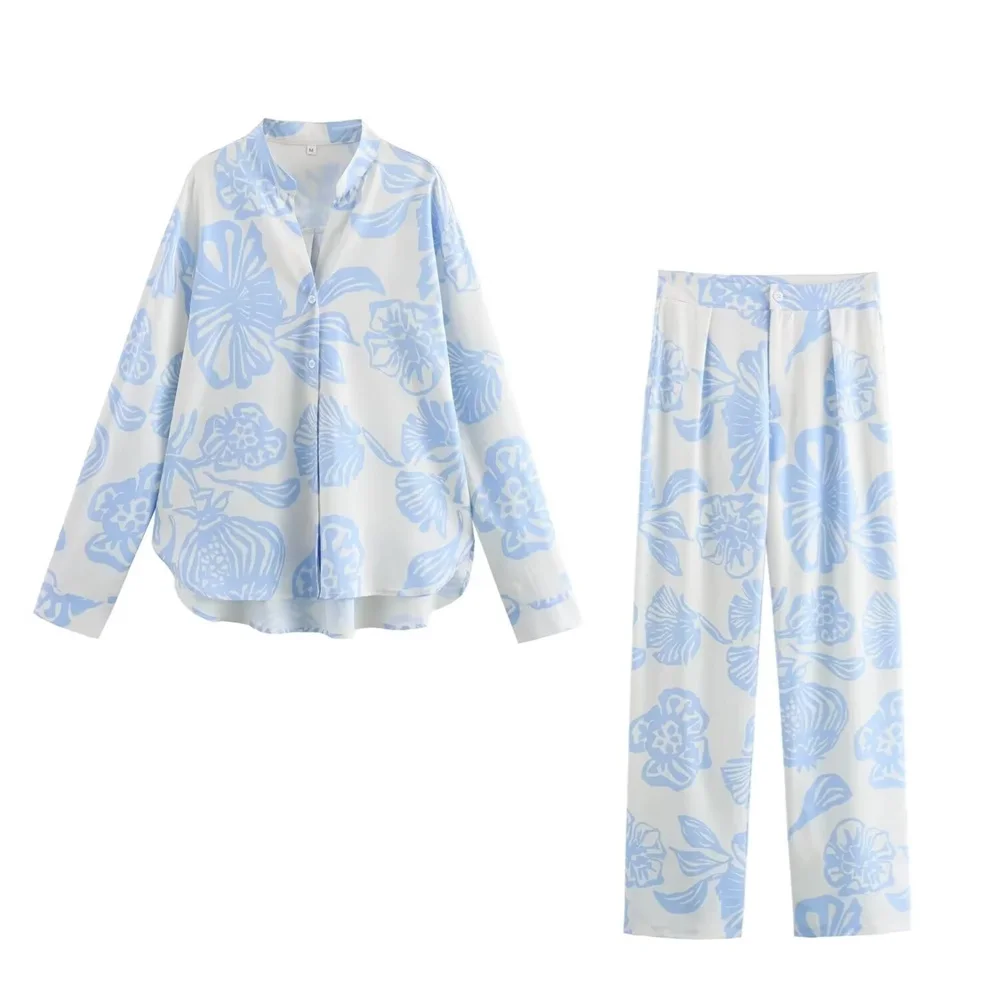 

Taop&Za 2024 Summer New Product Women's Casual Long sleeved Button Printed Poplin Shirt High Waist Pants Set