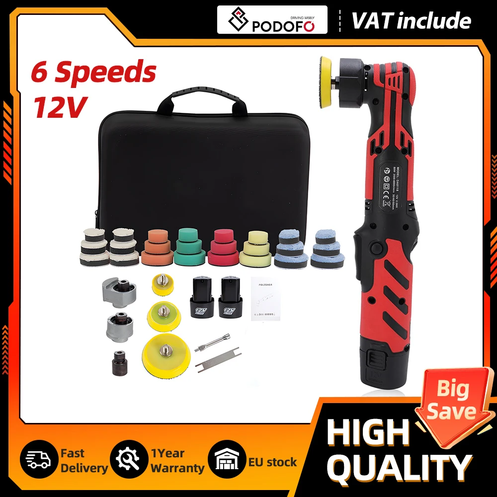 Podofo Polisseuse Multifonction Sans Fil 12V pour Voiture, Mini Polisseuse 6 Vitesses, 3 Axes, Outil de Détail pour Polissage de Phares