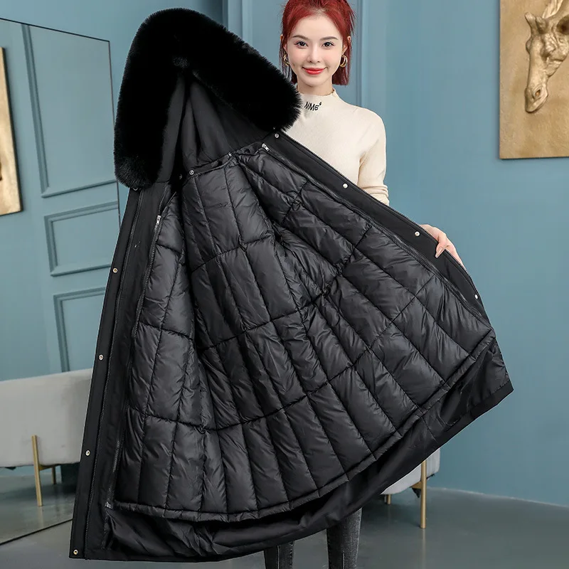 

Новая женская зимняя куртка, длинное пальто, повседневные парки, большой меховой воротник, шерстяная подкладка, верхняя одежда с капюшоном, хлопковые теплые пальто, женские ветровки