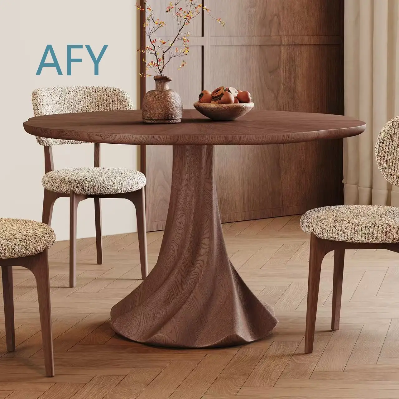 Vintage Style Solid Wood Dining Table Round Small Space Designer Table for Home Use Walnut Color All Solid Wood Table for