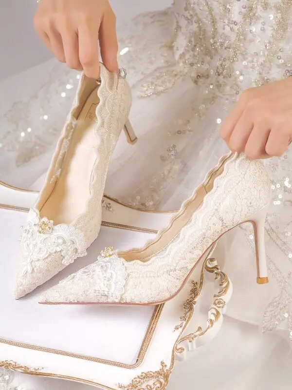 

French Elegant Wedding Shoes 2026 New Spring Bride Shoes Main Wedding Dress Engagement Lace Fairy Wind Stiletto High Heels Women