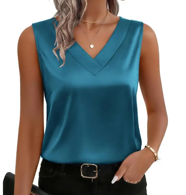 

Top Women 2026 Spring Summer New Sleeveless V-Neck Casual Solid Color Versatile Loose Fit Satin Tank Top