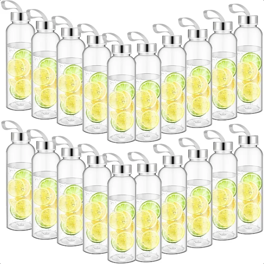 

20 Pcs Reusable Water Bottles Bulk Clear Bottles with Stainl Steel Leak Proof Lids Acrylic Bottles with Nylon Carrying Strap Sh