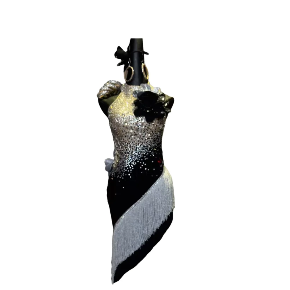 الرقص اللاتيني AB Stone أنثى الكبار الأطفال الراقية مخصصة غالاكسي التدرج فستان أسود بركة السامبا أداء اللباس #5