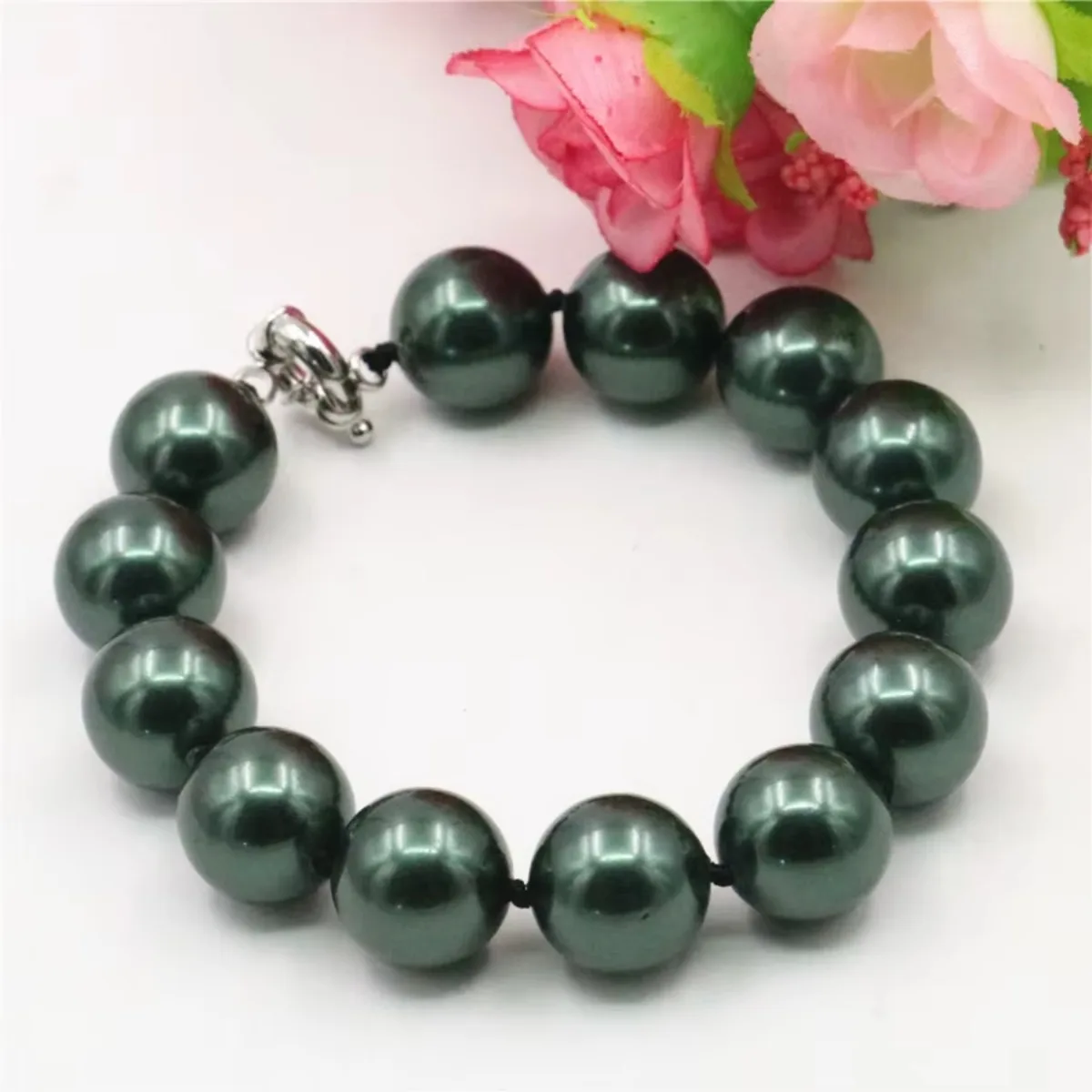 BIG! 14mm Army Green Sea Shell Pearl Bracelet Beads Women Fashion Jewelry Making Design Natural stone 8\'\' AAA+ Wholesale Price