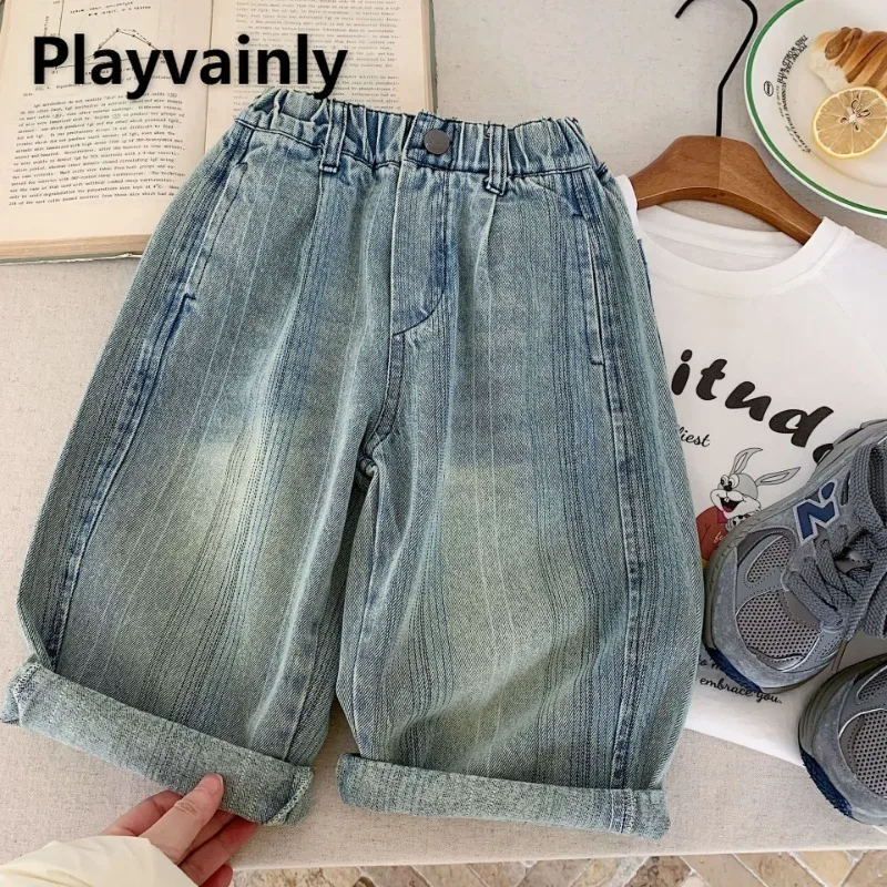 

New Spring Autumn Daily Casual Children Jeans Retro Blue Elastic Waist Loose Straight Leg Pants Fashion Denim Trousers H0133