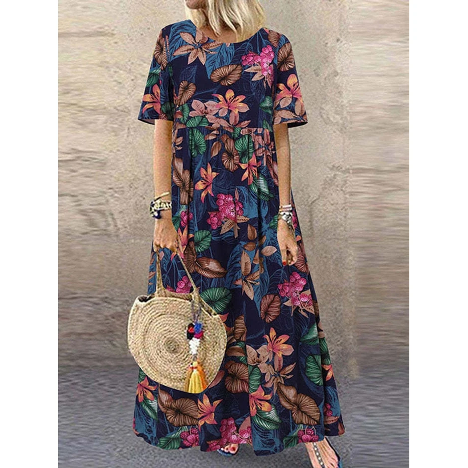 Dames bloemenprint los lang Dr ronde Ne ort Sve Punk Sle polyestervezel A-lijn rok zomer herfst lente