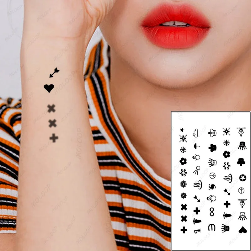 Pattern Cute Women Girl Temporary Tattoo Sticker Black Heart Smiley Design Finger Ear Arm Body Art Small Size Fake Tatto Sticker