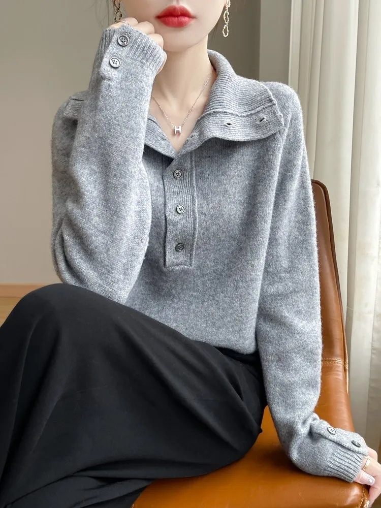 Autumn and winter new half-open lapels 100% pure cashmere sweater women's retro knitted sweater loose base.