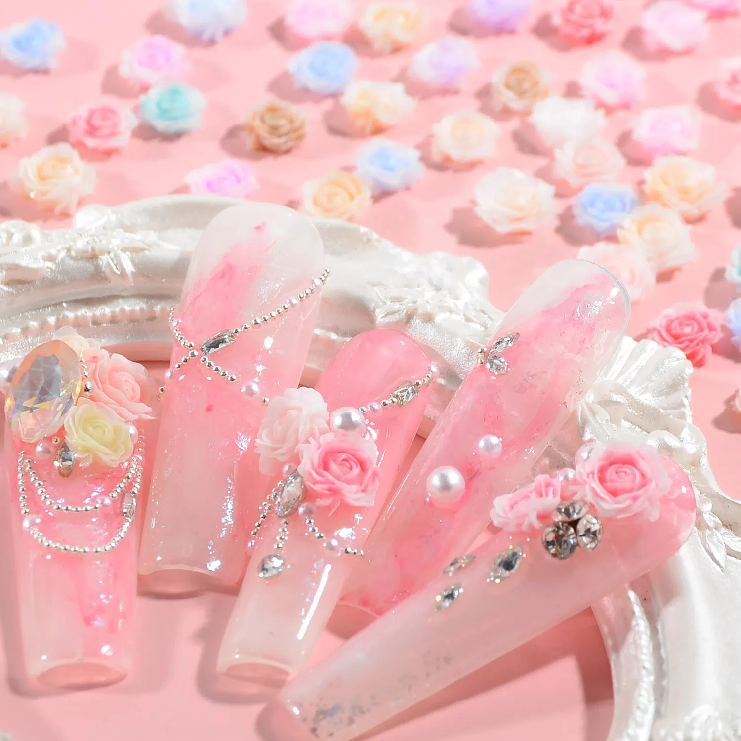 Accessori per decorazioni per nail art con fiori colorati in stile camelia e rosa in resina 3D da 100 pezzi |   Colori assortiti per manicure fai da te