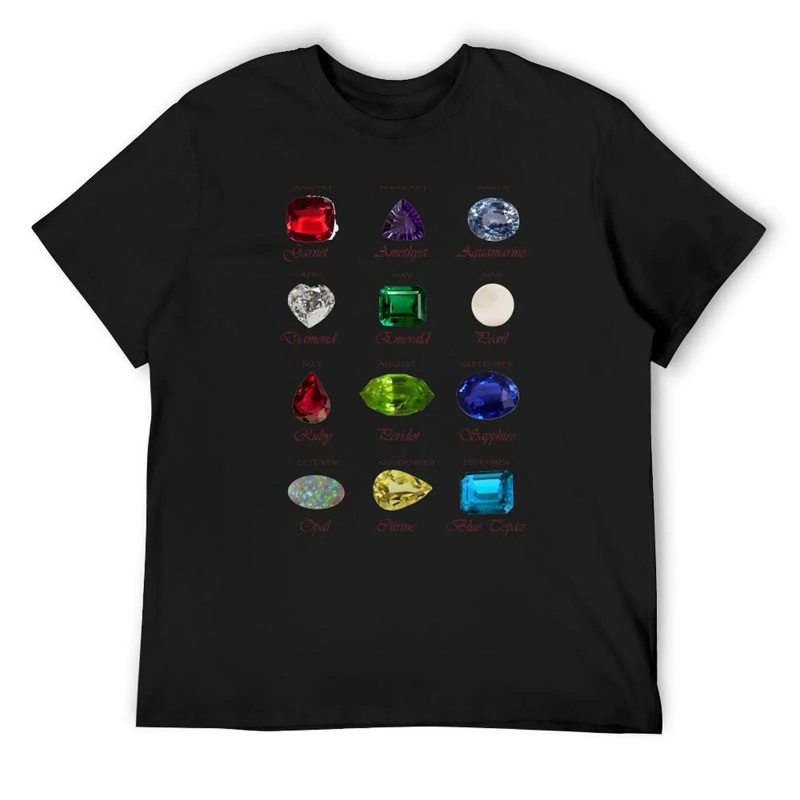 

Birthstone chart with 12 Gemstones and 12 Months T-Shirt man t shirt anime figures big and tall t shirts for men