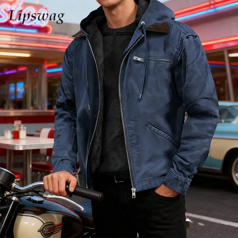 

Plus Sized Mens Hooded Jacket Autumn Winter Warm Fleece Lining Outerwear Men Vintage Patchwork Zipper Loose Fleece Coat Jackets