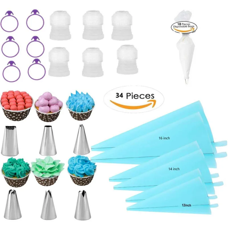 34Pcs Cake Baking Tools Piping Nozzle Cupcake Liners TPU Piping Bag Cake Cream Nozzle Silicone Tie Cake Decoration Accessories