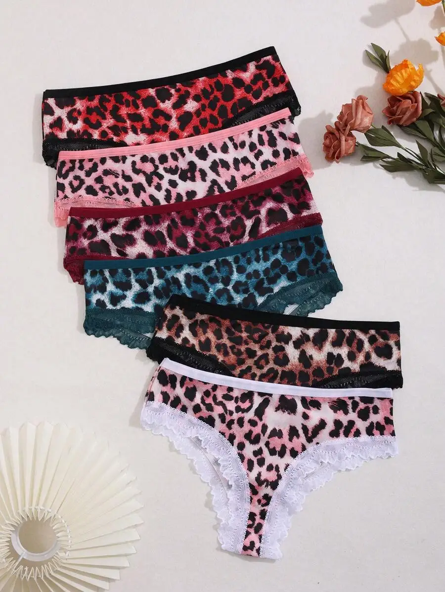 

6 Pcs Women Leopard Print Lace Low Waist Bikini Briefs