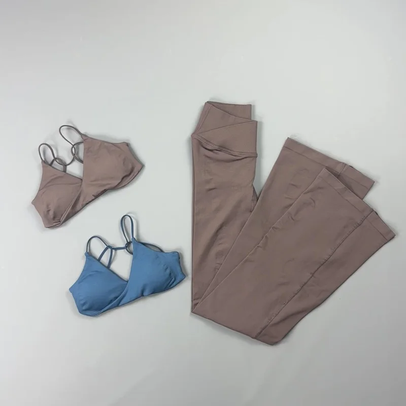 2 Piece Gym Set Women Strap Sports Bra Crossover Waist Flare Yoga Pants Butt Lifting Bootcut Leggings Pilates Workout Activewear