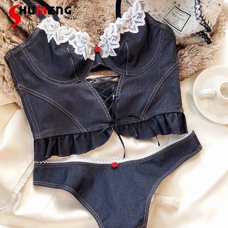 

Кружевной джинсовый комплект нижнего белья для женщин, сексуальный тонкий пуш-ап во французском стиле, мягкие короткие костюмы на косточках, женское нижнее белье с затягивающей талией