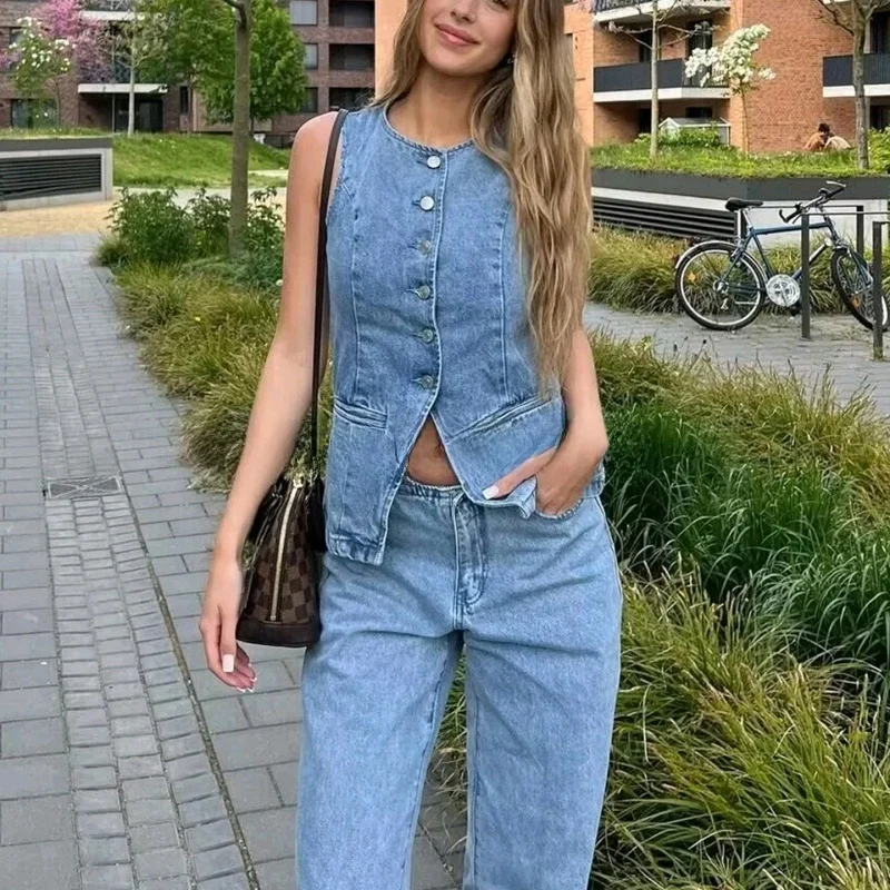

New Summer Women's American Commuter Sle round Ne Svel Multi-Buled Slim Fit Denim Vest Tank Top Polyester Fiber