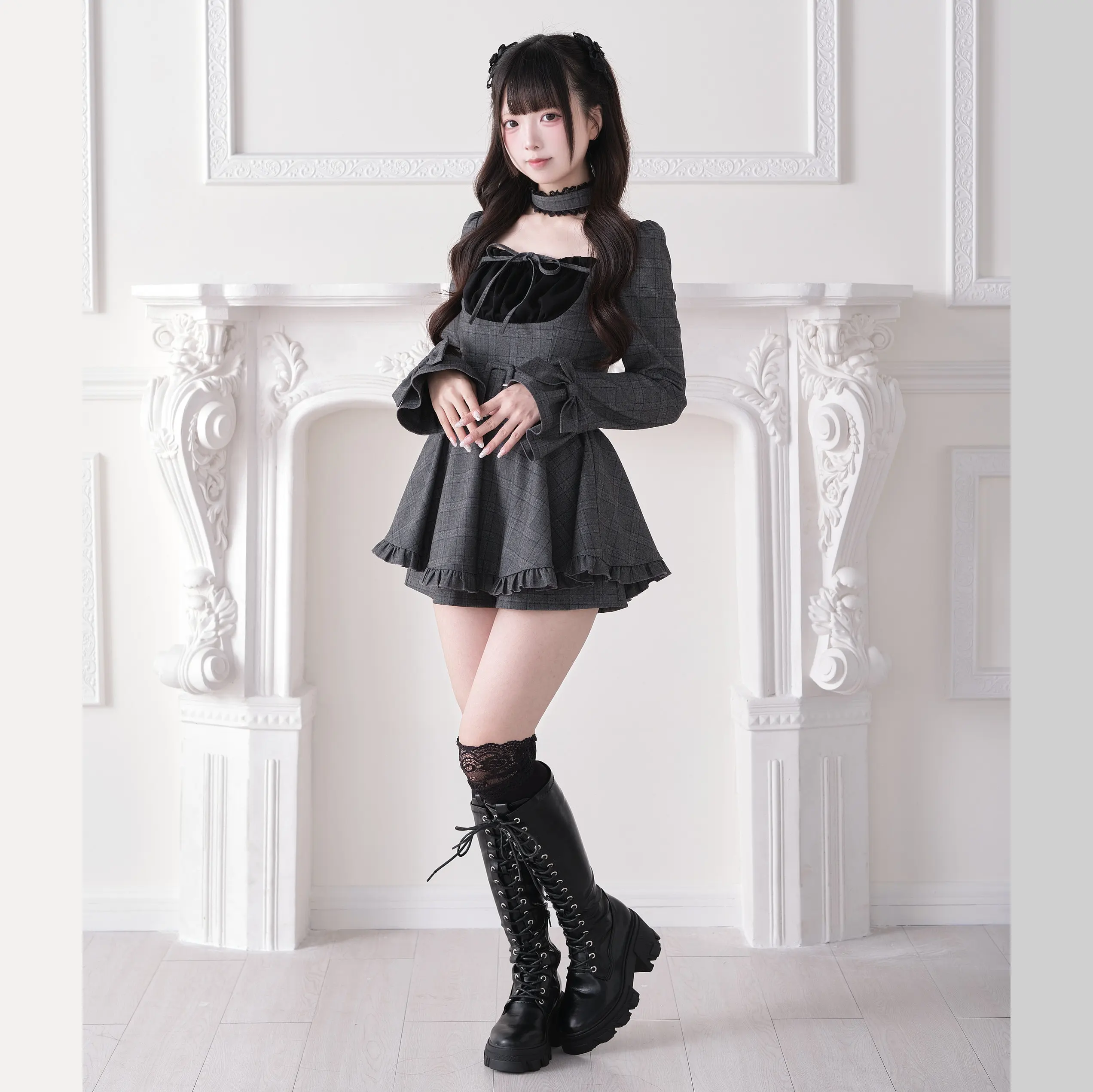 Plaid Dress Bow Japanese Subculture Mass Production Type Preppy Grey Plaid 2 Piece Outfit Square Neck Long Sleeve Mini Dress
