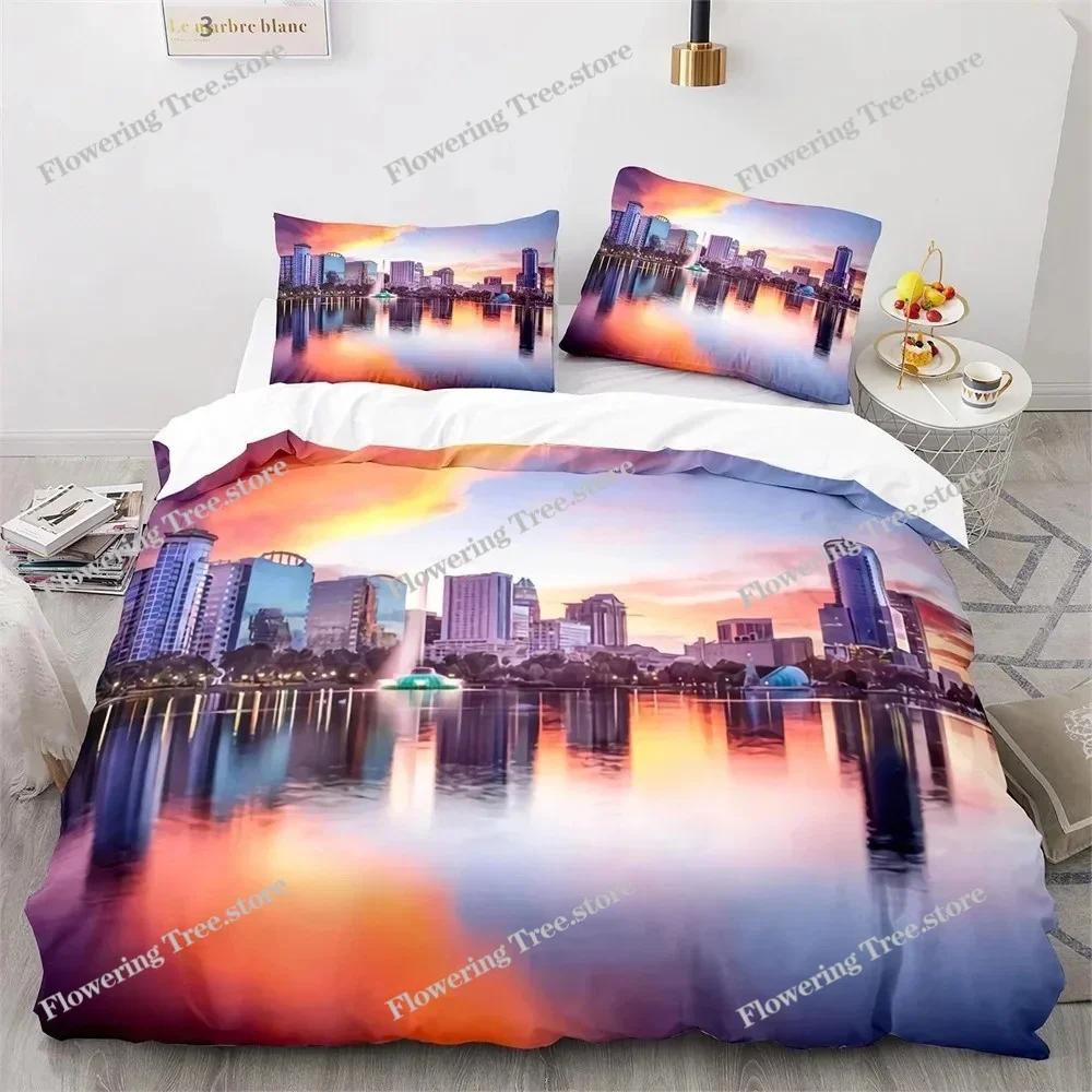 

American City Landscape Duvet Cover Set Statue of Liberty Pattern King Queen Size Comforter Cover for Teen Polyester Bedding Set