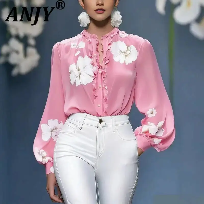 

ANJY Spring Autumn New Women Elegant Fashion Loose Flower Printed Long Sleeved Shirt Trendy Fungus Single Breasted Blouse A22214