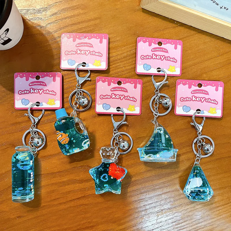 Creative Sailboat Water Liquid Keychain Floating Quicksand Dolphin Seahorse Marine Animal Bottle Keyring for Friends Kids