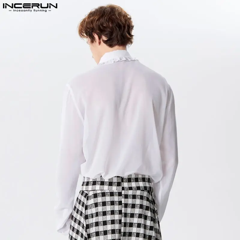 INCERUN Men Shirt Solid Color Chiffon Transparent Ruffle Lapel Long Sleeve Men Clothing Streetwear 2024 Fashion Loose Camisas