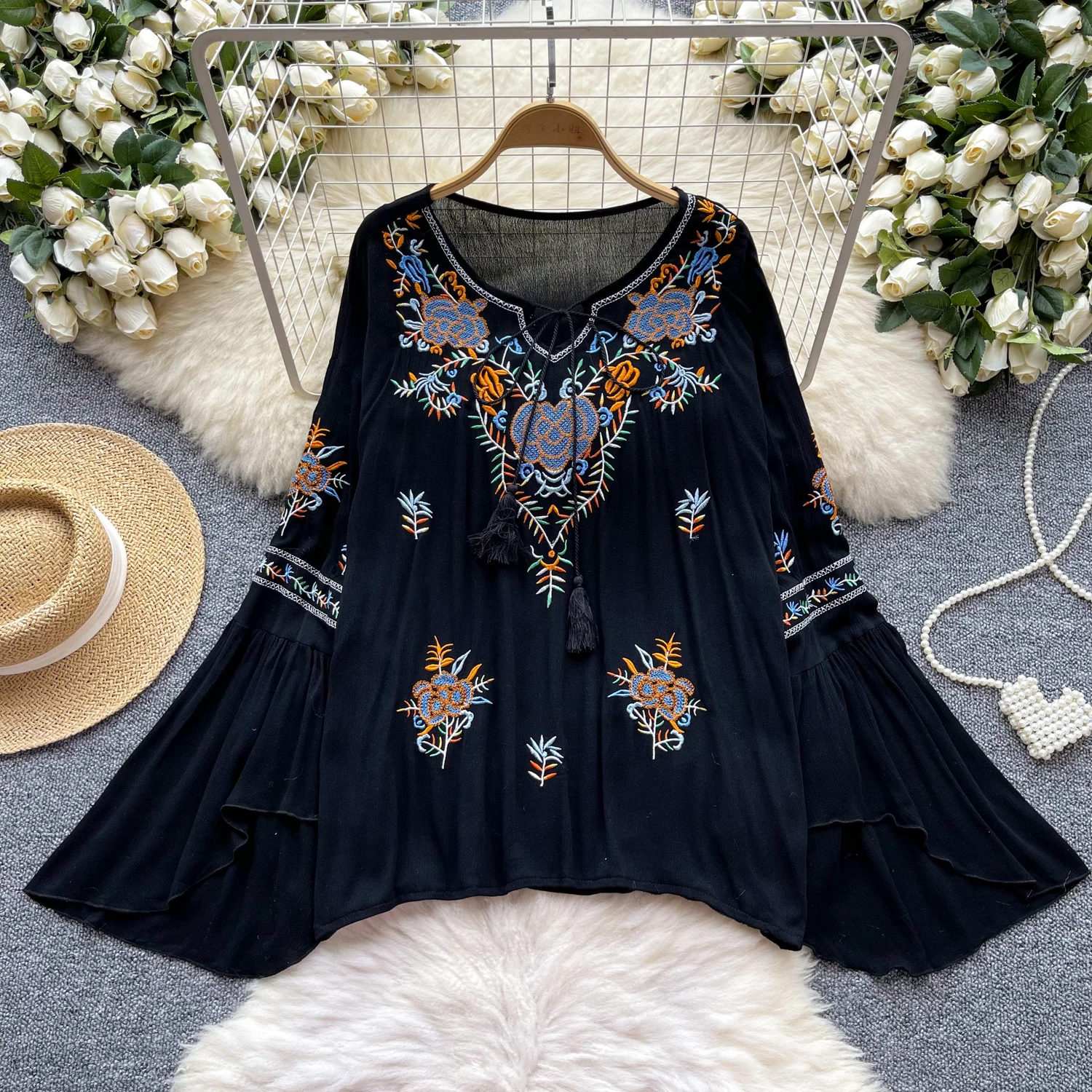 Vintage Elegant Embroidery loose lantern sleeve Blouse Fashion Shirt  Casual Chic Top Fairy  Summer tassels Women