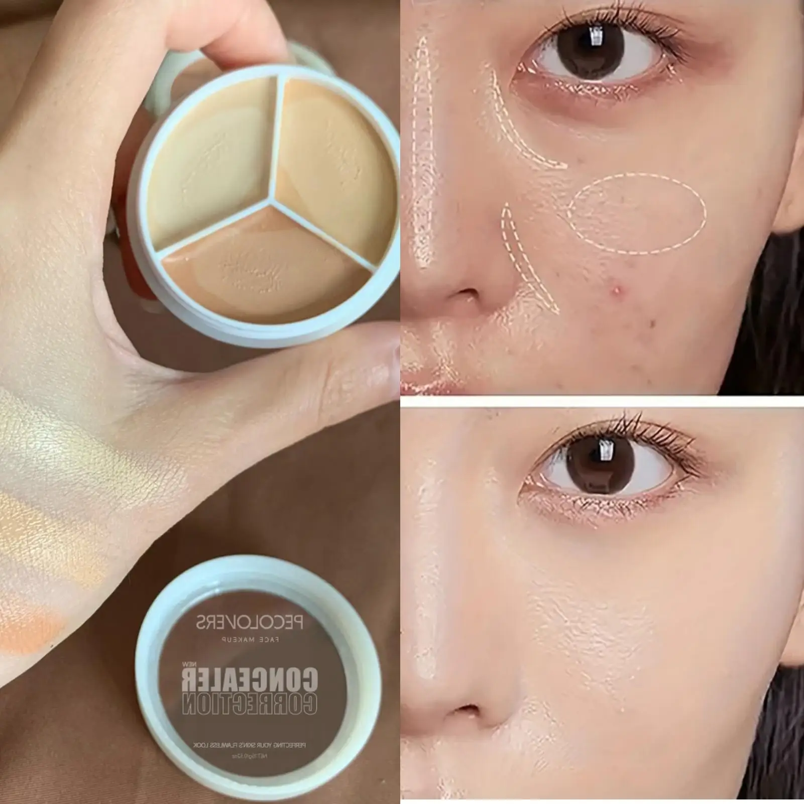 コンシーラーパレット1個、防水、長持ち、3色展開、クリームテクスチャー、すべての肌タイプに最適、ミディアムカバー力、ナチュラル仕上げ