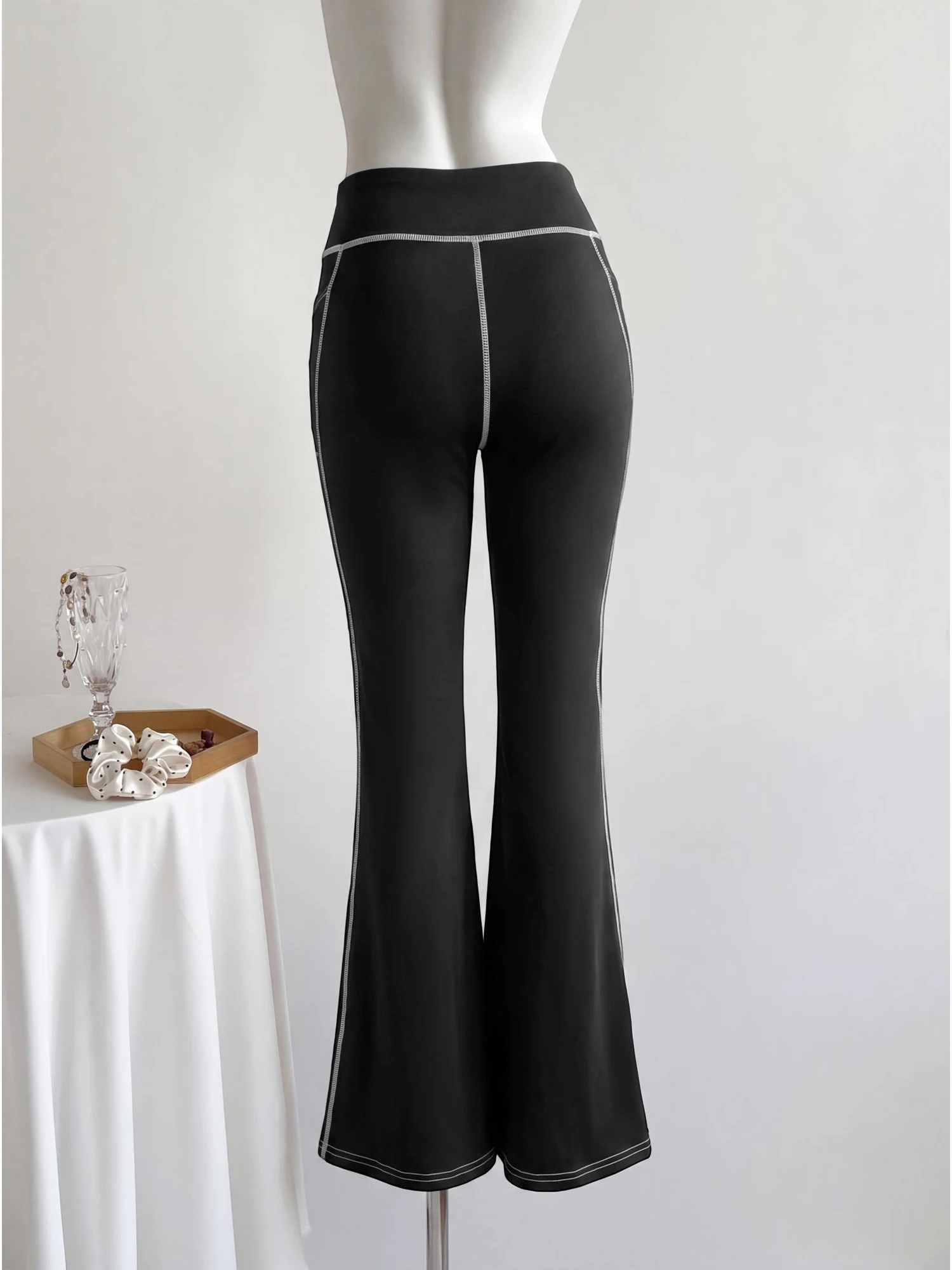 Ladies Outline Stitch Bootcut Trousers High Rise Tummy Shaping Flare Pants Side Storage Pocket Soft Elastic Street Long Pants