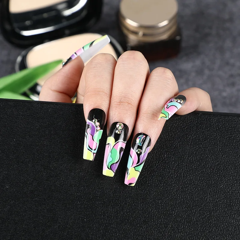 3D nail set press on faux ongles long french coffin capsule tips DIY manicure rainbow gradient wave lines design false nail kit