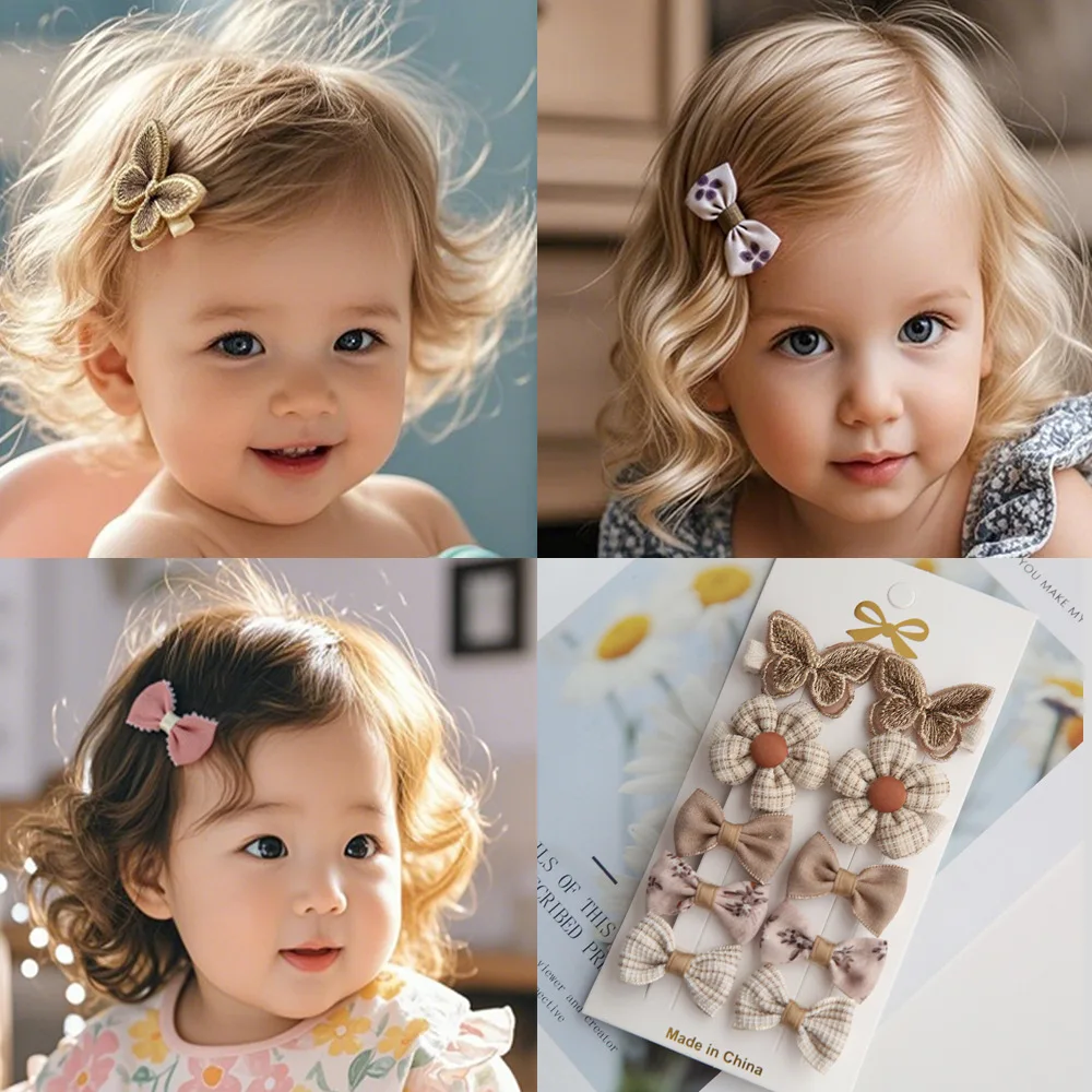 Comfortable Kids Hair Clips Set Full Wrap Duckbill Style Plaid Lace Polka Dot Bow Design 10Pcs Basic Hairpin for Girls Daily Use