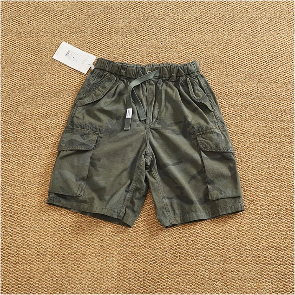 Pure cotton woven capri pants, men's camouflage colored work shorts, summer versatile multi-slit bagel pants