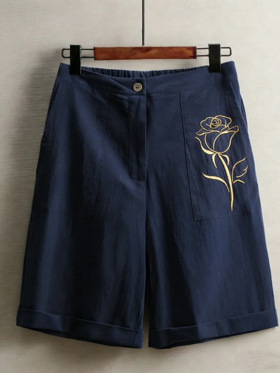 Pantalones Cortos de Lino Elásticos para Mujer, Verano 2026, con Estampado de Rosas, Bolsillos, Holgados, hasta la Rodilla