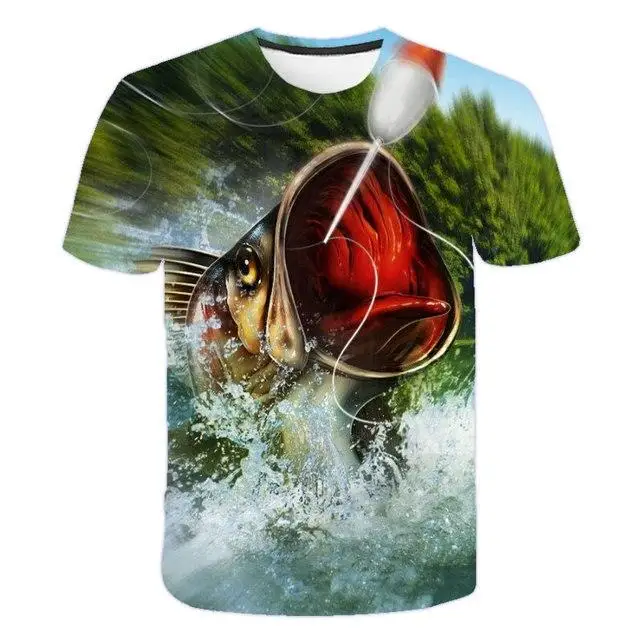 Herren 3D Big Bass Fish Fishing Print T-Shirt Outdoor Angeln Sport O-Ausschnitt Kurzarm Casual Sommer Streetwear T-Shirt – Detail 3