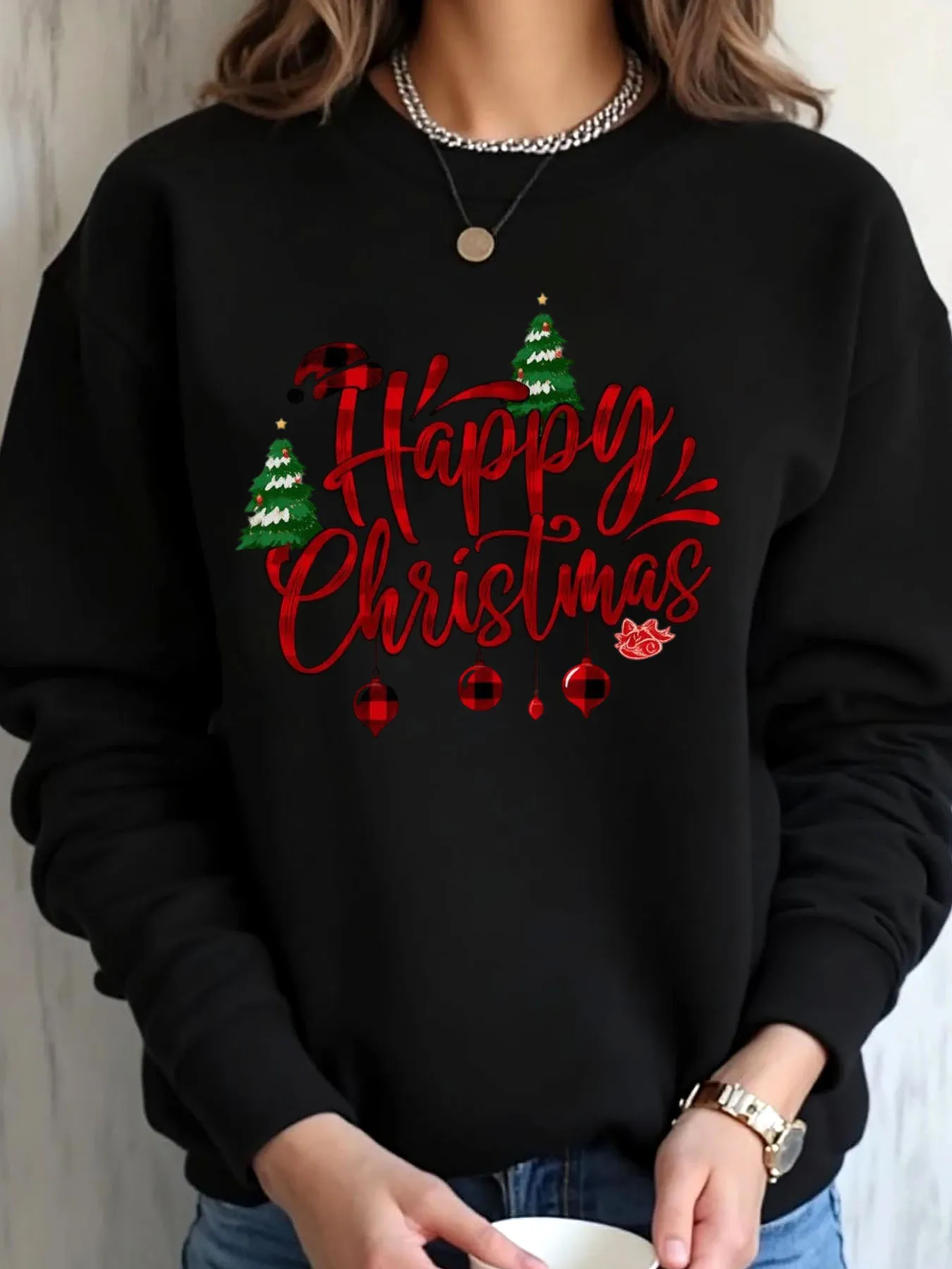 

Женская толстовка большого размера с рождественскими украшениями в виде рождественской елки и принтом, верхняя одежда